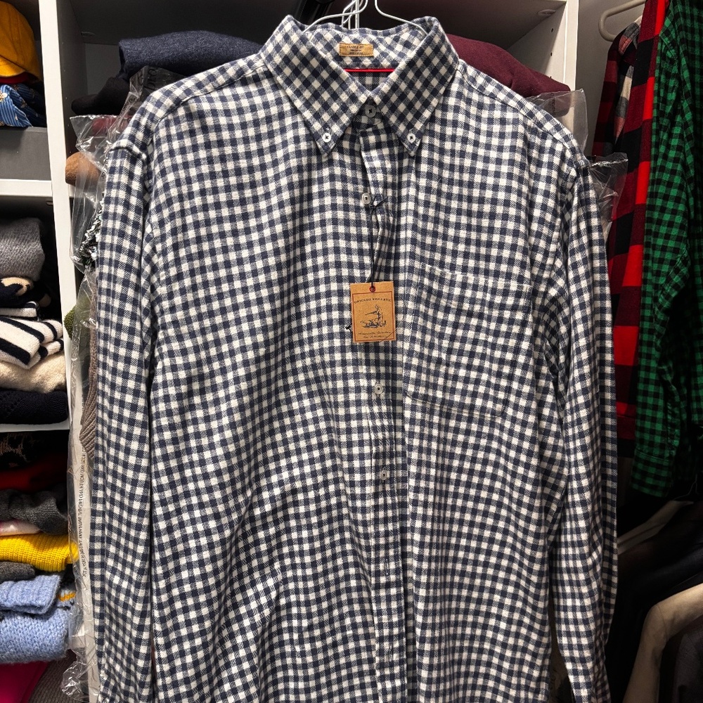 Onward Reserve Platte Field Flannel Button down.  Size M in navy blue and white.
